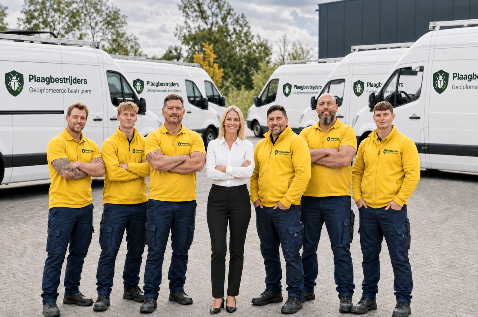 Het team van gediplomeerde bestrijders van Antiongedierte.nl voor hun servicebussen
